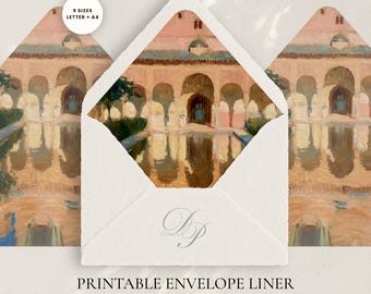 Modello di fodera per busta con cortile spagnolo, inserto stampabile per matrimonio in location esotiche, villa andalusa in PDF, formato A4 + US Letter, 9 misure
