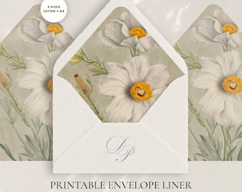 Fodera per busta con papaveri bianchi, inserto botanico stampabile per matrimonio, PDF floreale vintage di alta qualità, formato A4 + US Letter, 9 misure