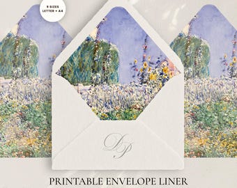 Modello di fodera per busta con motivo giardino rustico, inserto stampabile per matrimonio con fiori selvatici, PDF floreale ad acquerello, formato A4 + US Letter, 9 misure