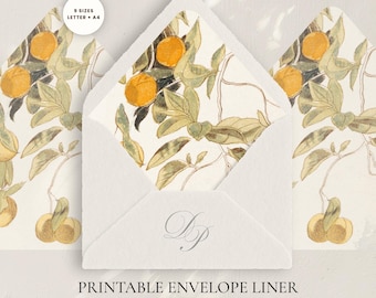 Modello di fodera per busta Amalfi, inserto stampabile per matrimonio con aranceti, PDF botanico mediterraneo, formato A4 + US Letter, 9 misure
