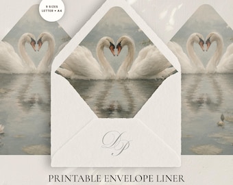 Modello di fodera per busta con cigno artistico, inserto romantico stampabile per matrimonio, laghetto di ninfee in PDF, formato A4 + US Letter, 9 misure