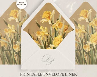 Fodera per busta con motivo narciso, inserto floreale stampabile per matrimonio, formato PDF A4 + US Letter, 9 misure