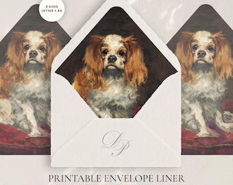 Modello di fodera per busta con motivo Cavalier King Charles Spaniel, inserto stampabile per matrimonio con animali domestici, ritratto vintage di cane in PDF, formato A4 + US Letter, 9 misure