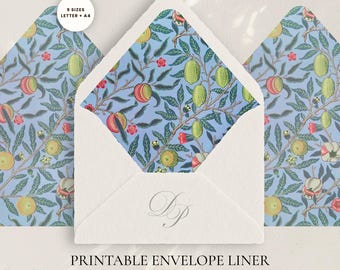 Modello di fodera per busta con melograno blu, inserto stampabile a tema frutta e botanica per matrimoni, stile giardino vintage in PDF, formato A4 + US Letter, 9 misure