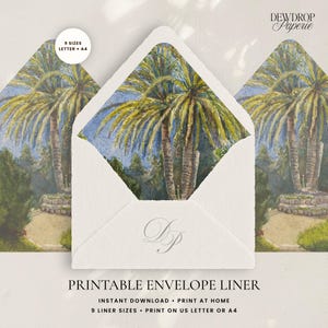May include: White envelopes with a watercolor painting of palm trees visible through the open flap. The envelopes have a textured appearance and feature the text "PRINTABLE ENVELOPE LINER". The design includes the text "9 SIZES LETTER + A4" and the logo "DEWDROP Paperie".