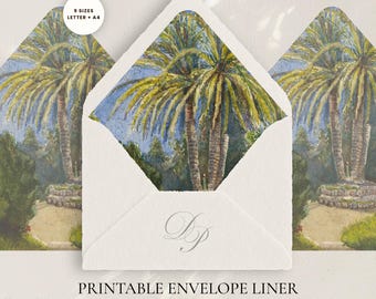 Modello di fodera per busta con motivo "Palm Garden", inserto stampabile per matrimoni di destinazione, tema tropicale mediterraneo in PDF, formato A4 + US Letter, 9 misure