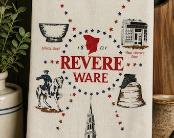 Vintage Revere Ware Boston Tea Towel Paul Revere Americana Linen 26 x 16