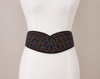 Beaded Wide Waist Belt Multicolor Art Deco Statement Retro Size Small