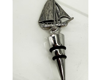Sailboat Wine Bottle Stopper Nautical Barware Metal Chrome Boat Decor 5 Inch