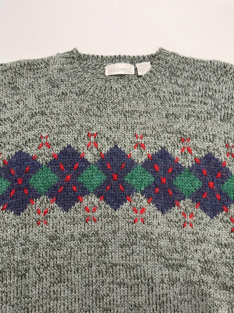 Pull en tricot gris vintage Brian MacNeil, motif à losanges des années 80 Grand-père Core Large image 6