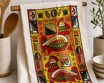 Georges Briard Chicken Rooster Linen Tea Towel Mid Century Kitchen Decor 28x16