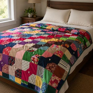 May include: A patchwork quilt featuring a variety of colorful fabric squares in shades of red, blue, yellow, green, and purple. The quilt is constructed with small white decorative knots at the intersections of the fabric patches throughout.