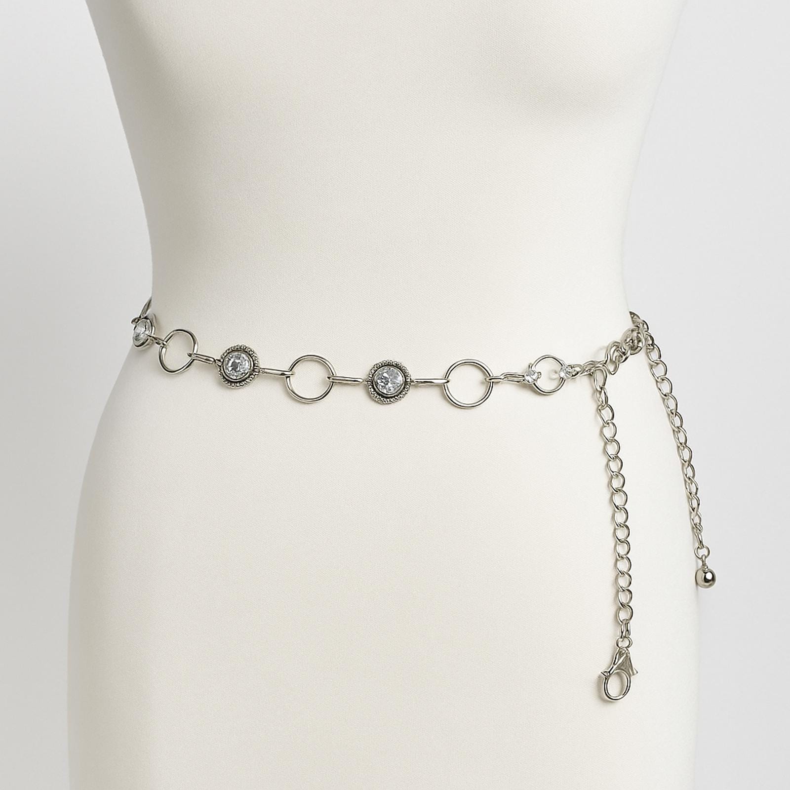 Vintage y2K statement belt Silver Tone Open Circle Ring Link Chain womens XL Vintage Y2K Silver Chain Belt Circle Rhinestones Adjustable  main image 3