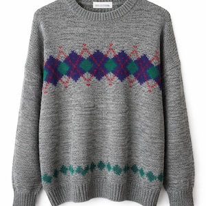 Pull en tricot gris vintage Brian MacNeil, motif à losanges des années 80 Grand-père Core Large image 1