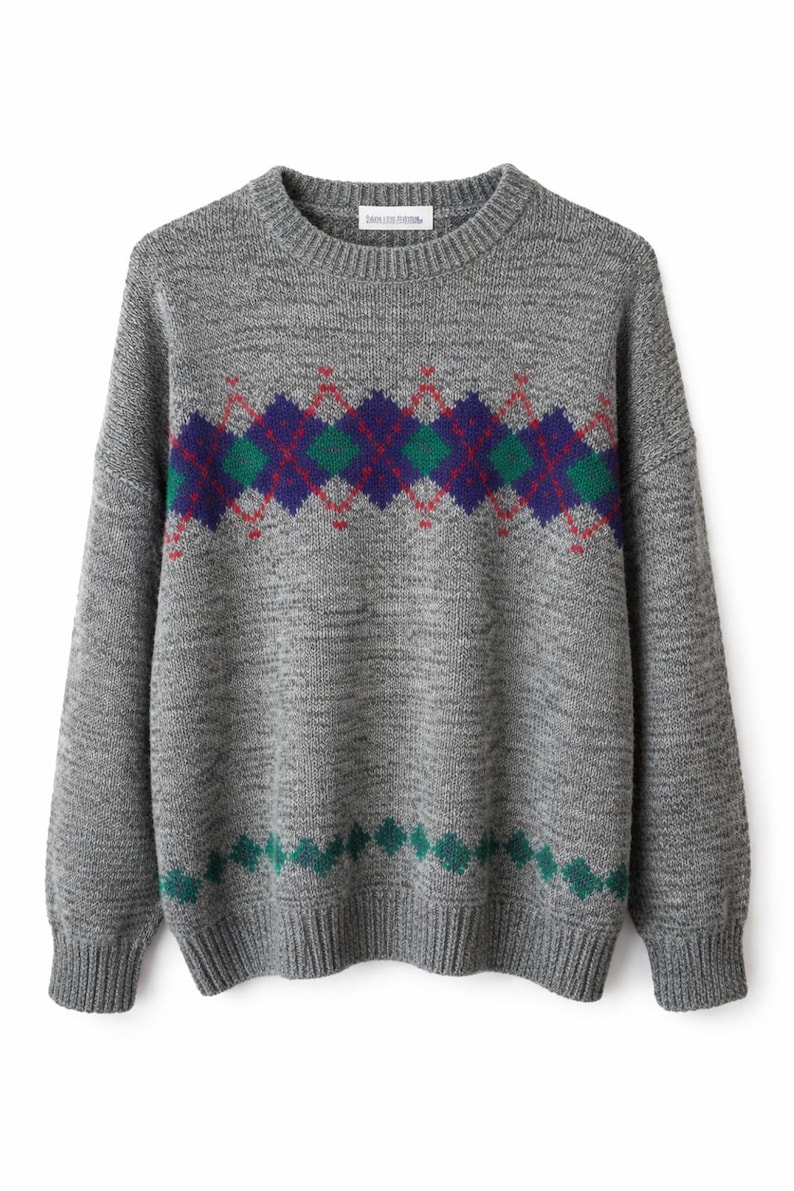 Pull en tricot gris vintage Brian MacNeil, motif à losanges des années 80 Grand-père Core Large image 1
