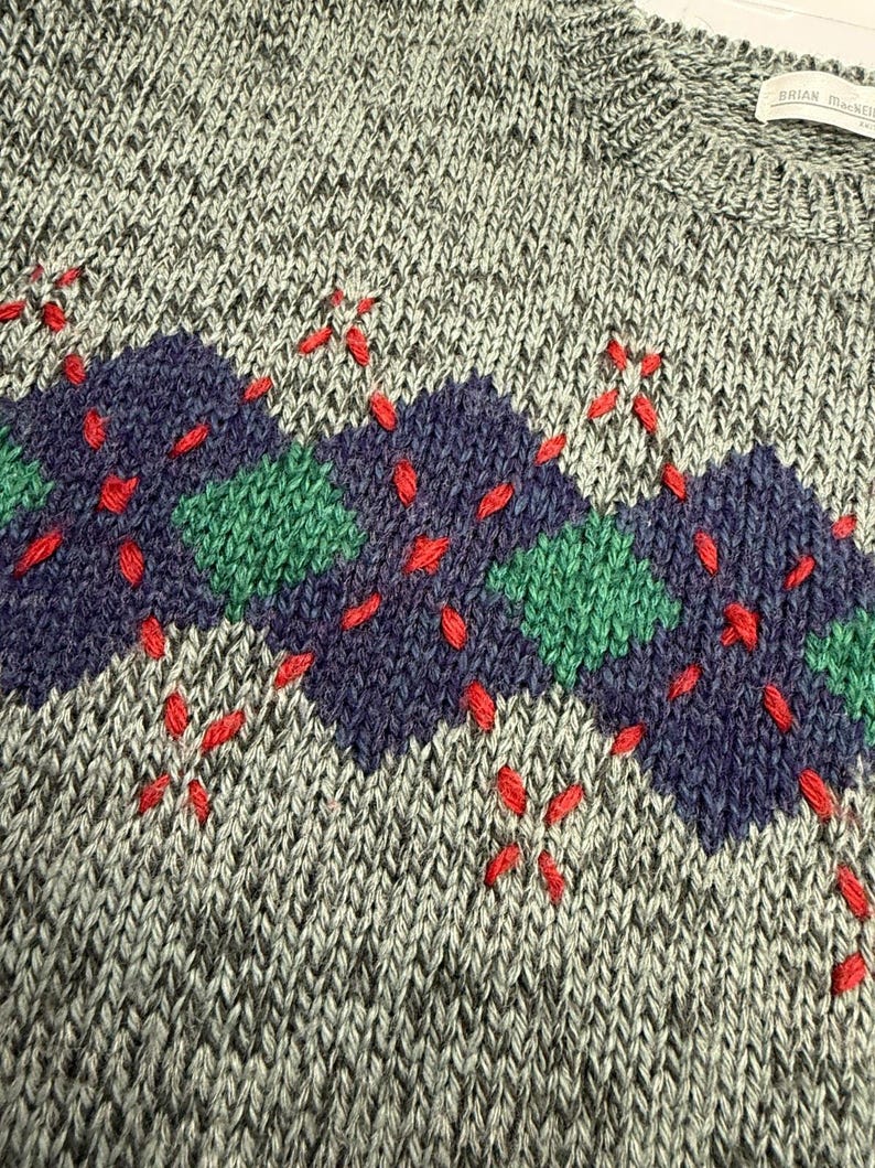 Pull en tricot gris vintage Brian MacNeil, motif à losanges des années 80 Grand-père Core Large image 12
