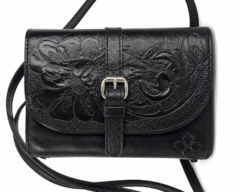 Patricia Nash Tooled Leather Crossbody Wallet Purse Black Floral Western