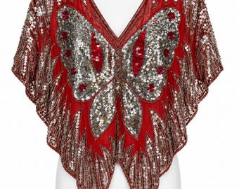 Vintage Silk Beaded Butterfly Sequin Festival Boho Top Small Medium