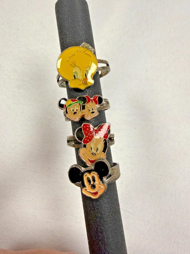 Mickey Mouse Disney Enamel Rings Lot Minnie Tweety Adjustable Metal image 1