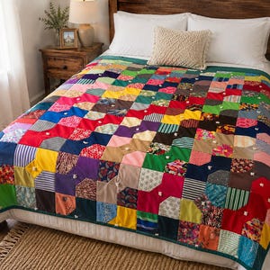 May include: A multi-colored patchwork quilt featuring a variety of fabric squares in shades of red, blue, yellow, green, and purple, accented with small white tied knots at the intersections of the squares and a dark green border trim.