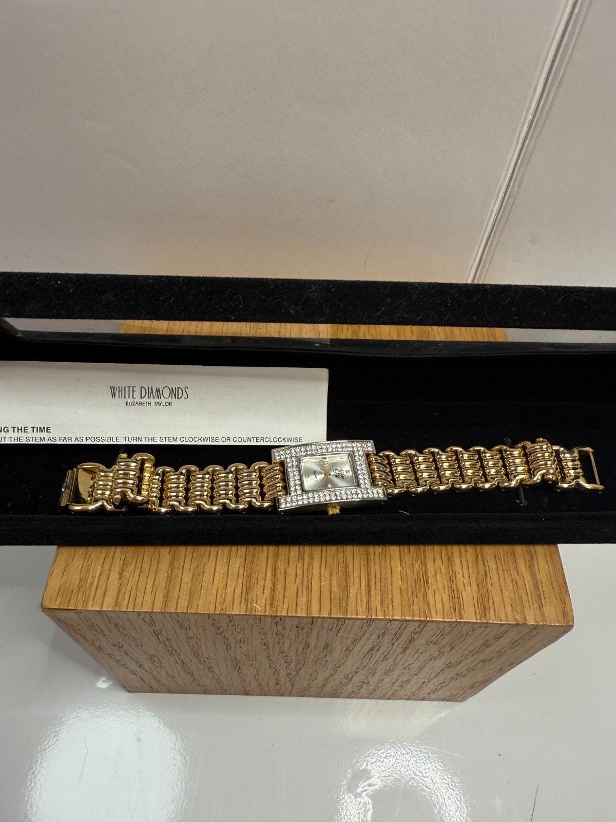 ELIZABETH TAYLOR WHITH DIAMONDS RECTANGLE Gold WATCH Vintage ELIZABETH TAYLOR WHITE DIAMONDS RECTANGLE | Mercari main image 3