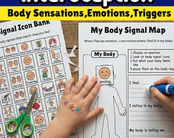 Körperempfindungstabelle, SEL- Therapie Emotionsinterozeption & Gefühle Körpersignaturen Karte Aktivitätssymbole, Arbeitsblatt zur emotionalen Regulierung für Kinder