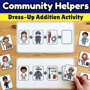 May include: A Community Helpers Dress-Up Addition Activity set featuring two rectangular cards with math equations. Each card shows a character, clothing, and tools to be added together. Smaller square cards depict various professions like a farmer, scientist, pilot, doctor, musician, and a mechanic.