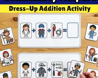 Community Helpers Dress Up Addition Activity Career Matching Task Cards Game Preschool Kindergarten Learning Jobs Math Busy Book Printable