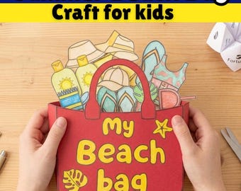 Personalized Summer Beach Day Bag Craft, Coloring Cut and Paste Printable Activity, Custom Name Craft Preschool PDF, DIY Tote For Kids