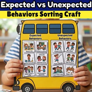 Op de afbeelding: Een geel, busvormig sorteerknutselwerk met de tekst Expected vs Unexpected Behaviors Sorting Craft. De bus bevat twee kolommen met geïllustreerde kaarten, gelabeld als Expected Behaviors en Unexpected Behaviors, die verschillende sociale acties tonen.