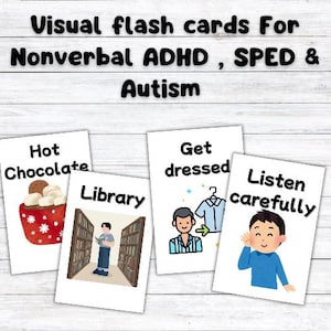 K&ouml;nnte beinhalten: Visuelle Lernkarten f&uuml;r nonverbale ADHS, SPED und Autismus. Die Karten zeigen Illustrationen von hei&szlig;er Schokolade, einer Bibliothek, Anziehen und aufmerksamem Zuh&ouml;ren. Auf einem wei&szlig;en Holzuntergrund.