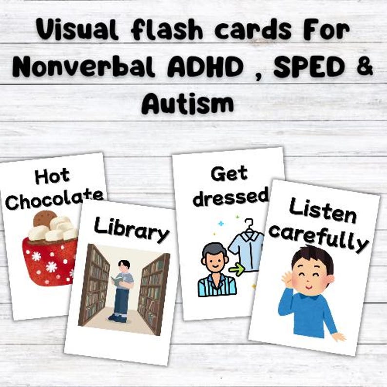 K&ouml;nnte beinhalten: Visuelle Lernkarten f&uuml;r nonverbale ADHS, SPED und Autismus. Die Karten zeigen Illustrationen von hei&szlig;er Schokolade, einer Bibliothek, Anziehen und aufmerksamem Zuh&ouml;ren. Auf einem wei&szlig;en Holzuntergrund.