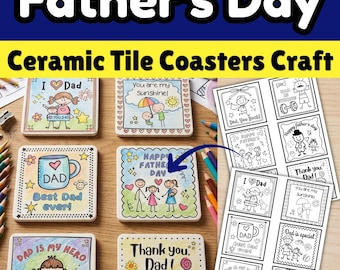 Vatertag Tile Coaster Craft Färbung Aktivität Vorlagen für Kinder und Homschool, DIY druckbare Andenken Geschenk für Papa, Opa, Geliebte