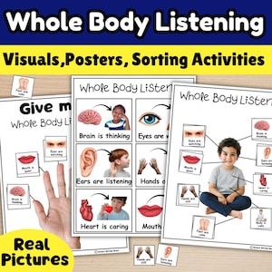 Poster för helkroppslyssning, riktiga bilder | Visuella kort för autism, ADHD, SEL | Beteendediagram för klassrummet, förskola, hemundervisning, sorteringsaktiviteter