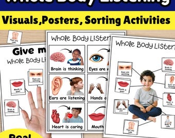 Whole Body Listening Poster Real Pictures | Autism ADHD SEL Visual Cards | Classroom Behavior Chart Preschool Homeschool Sorting Activities