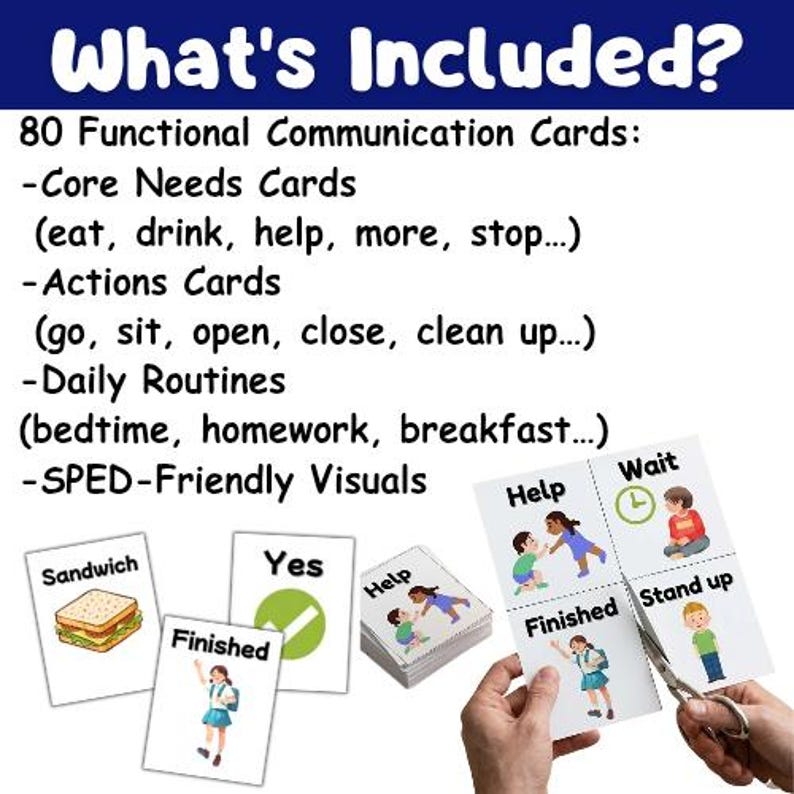 K&ouml;nnte beinhalten: Bild von Kommunikationskarten mit dem Text "What's Included?" und "80 Functional Communication Cards". Die Karten enthalten "Core Needs Cards", "Actions Cards", "Daily Routines" und "SPED-Friendly Visuals".