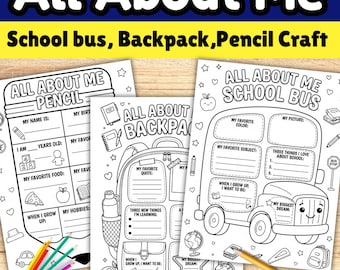 All About Me Worksheet Bundle, Back To School Craft Preschool , School Bus Backpack Pencil Template, First Day Of School Activity Printable