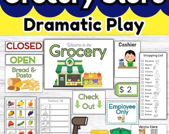 Grocery Store Dramatic Play Printables | Pretend Play Grocery Set for Preschool & Homeschool | Role Play Kit | Shopping List, Cashier, Signs