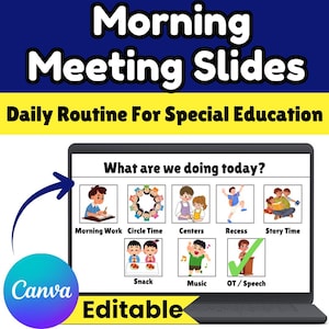 Może przedstawiać: Cyfrowy ekran wyświetlający Morning Meeting Slides oraz Daily Routine For Special Education. Ekran zawiera siatkę ilustracji z podpisami Morning Work, Circle Time, Centers, Recess, Story Time, Snack, Music oraz OT / Speech z zaznaczeniem.