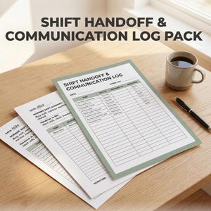 Könnte beinhalten: Auf einem Holztisch liegen mehrere gedruckte Formulare mit dem Text "SHIFT HANDOFF & COMMUNICATION LOG PACK" und "SHIFT HANDOFF & COMMUNICATION LOG". Eine Kaffeetasse und ein Stift sind ebenfalls zu sehen.