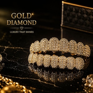 Può includere: Grillz in oro e diamanti dal design lussuoso. I grillz sono ricoperti di piccoli diamanti scintillanti. L'immagine include il testo "GOLD DIAMOND" e "LUXURY THAT SHINES". I grillz sono esposti su una superficie di marmo nero.