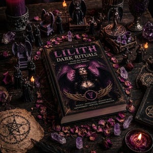 Peut inclure: Un livre relié intitulé Lilith Dark Rituals avec une illustration d'une figure ailée à cornes. Le livre est entouré de bougies violettes, de petites figurines sombres, de cristaux d'améthyste, de pétales de rose séchés et d'un parchemin avec un pentagramme.