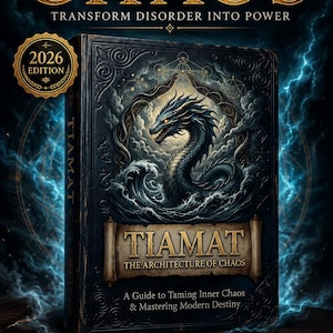 Può includere: Un libro con copertina rigida blu scuro intitolato MASTER YOUR CHAOS, TRANSFORM DISORDER INTO POWER, 2026 EDITION, TIAMAT THE ARCHITECTURE OF CHAOS, A GUIDE TO TAMING INNER CHAOS & MASTERING MODERN DESTINY. La copertina presenta un drago, onde e testo.
