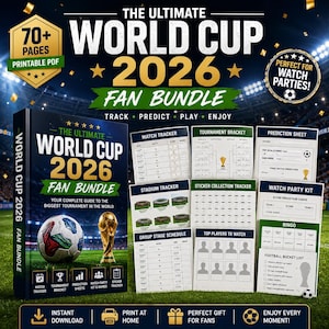 Peut inclure: Un ensemble de fan de la Coupe du Monde 2026 avec un livre noir et diverses feuilles imprimables. La couverture du livre présente un ballon de football et un trophée. Les feuilles comprennent des trackers de matchs, des feuilles de prédiction et un kit de soirée de visionnage.