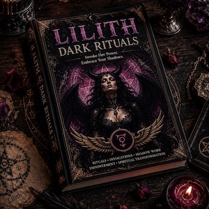 Peut inclure: Un livre intitulé "LILITH DARK RITUALS" avec une esthétique sombre et gothique. La couverture présente une illustration d'une femme avec des cornes et des ailes. Des bougies, un pentagramme et des fleurs séchées sont également présents.