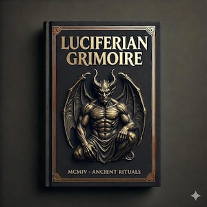 Peut inclure: Un livre à couverture rigide noire intitulé LUCIFERIAN GRIMOIRE en lettres dorées. La couverture présente un relief en bronze métallique représentant une figure ailée et cornue. Le texte MCMIV - ANCIENT RITUALS est inscrit en dessous.