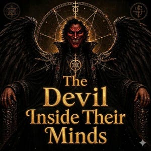 Op de afbeelding: Een donkere, gevleugelde figuur met een rood gezicht en scherpe tanden zit op een troon, gekleed in een zwarte mantel met gouden accenten. Achter de figuur staat een stralend gouden ster. De tekst "The Devil Inside Their Minds" is in goud.
