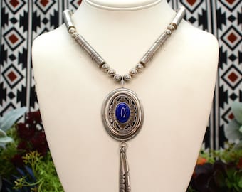 Navajo Artist Leonard Nez Signed Sterling Silver Beaded Lapis Handmade Pendant Necklace
