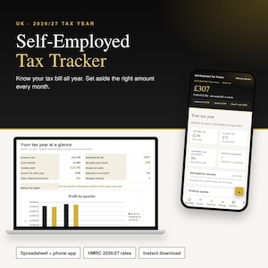 Pode incluir: Um rastreador de impostos digital para trabalhadores independentes para o ano fiscal 2026/27, exibido num ecrã de portátil e num smartphone. A interface mostra resumos financeiros, estimativas de impostos e um gráfico de barras de lucros.