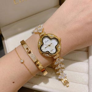 Coquette Enamel Cuff Watch Cream Gold Mother Of Pearl Dial Vintage Bangle Chic NEW: Bangle watch with Mother of Pearl dial main image 4